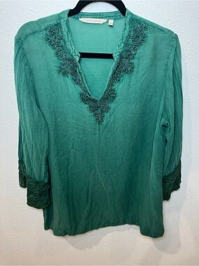 Soft Surroundings Women's Green Tunic Top Boho Peasant Lagenlook Romantic Size L
